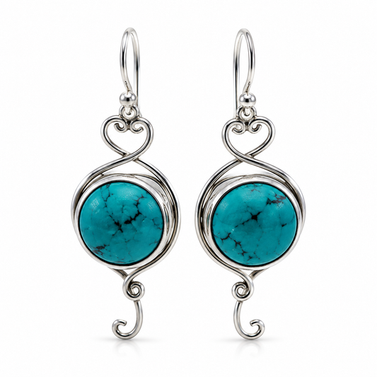 Genuine Sterling Silver 925 Turquoise Half Ball Heart Hook Earrings