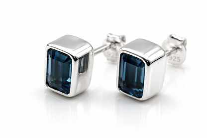 Sterling Silver 925 London Blue Topaz Bezel Rectangle Stud Earrings