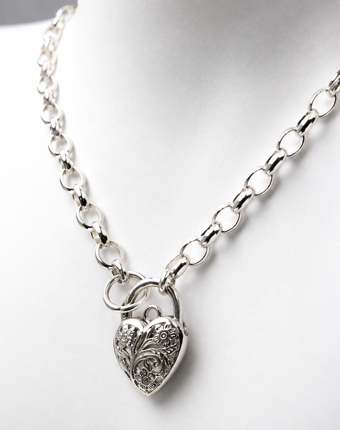 Sterling Silver 925 Belcher Link Chain Necklace + Filigree Heart Pendant