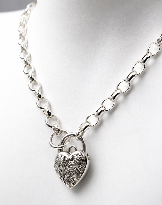 Sterling Silver 925 Belcher Link Chain Necklace + Filigree Heart Pendant