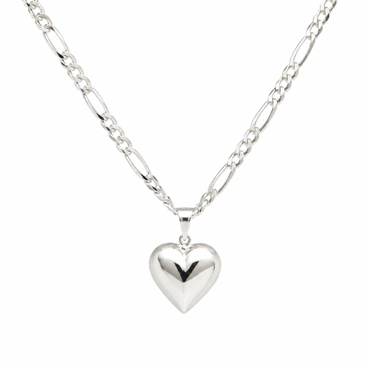 Sterling Silver 925 60cm Figaro Link Chain Necklace + 18mm Bubble Heart Pendant
