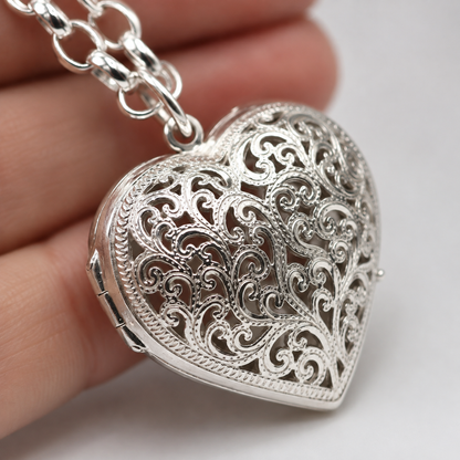 Sterling Silver 925 60cm Belcher Necklace & Filigree Heart Pendant Locket