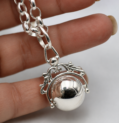 Sterling Silver 925 60cm Belcher Necklace & Filigree Spinner Ball Pendant