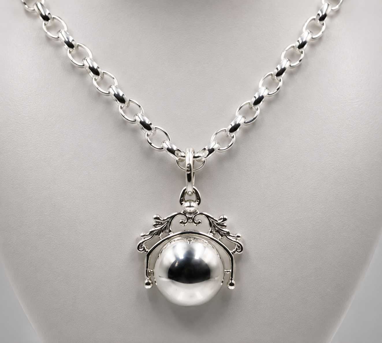 Sterling Silver 925 60cm Belcher Necklace & Filigree Spinner Ball Pendant