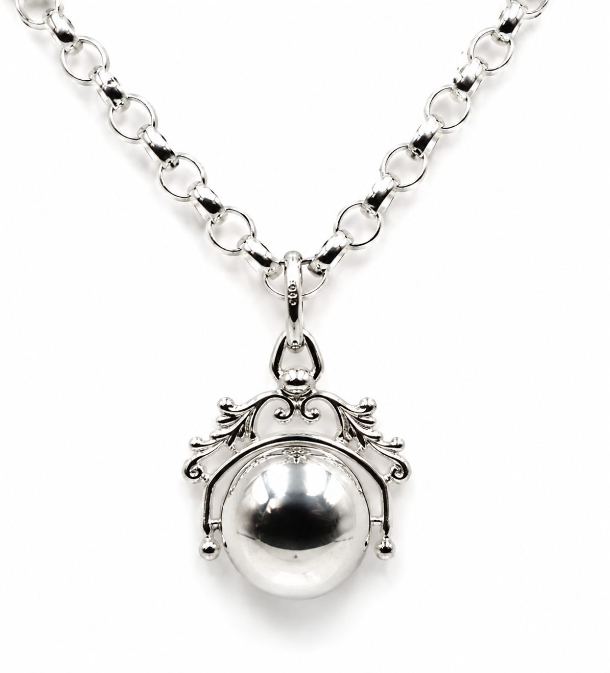 Sterling Silver 925 60cm Belcher Necklace & Filigree Spinner Ball Pendant