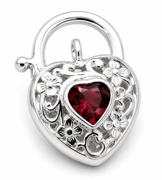 Genuine Sterling Silver 925 Filigree Natural Garnet Heart Padlock Pendant 15mm