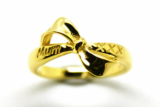 Mothers Day Ring 9ct 9kt Solid Yellow, Rose Or White Gold Bow Ring Engraved With Mum And Kisses