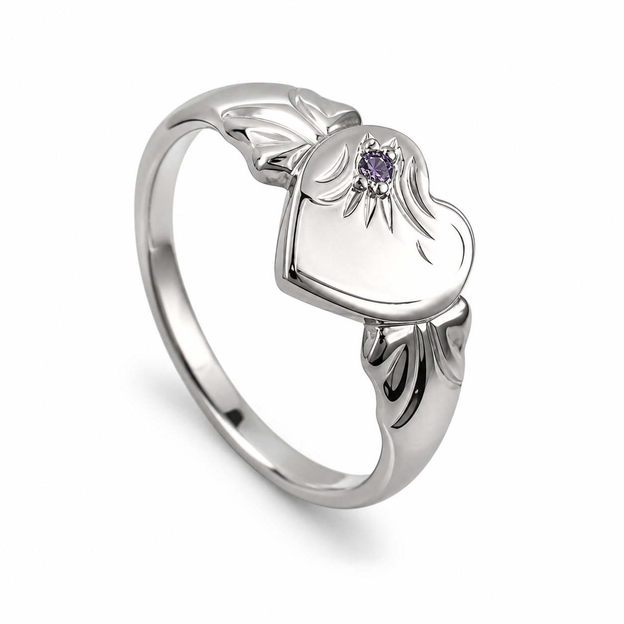 Sterling Silver 925 February Birthstone Heart Signet Ring +  Amethyst CZ