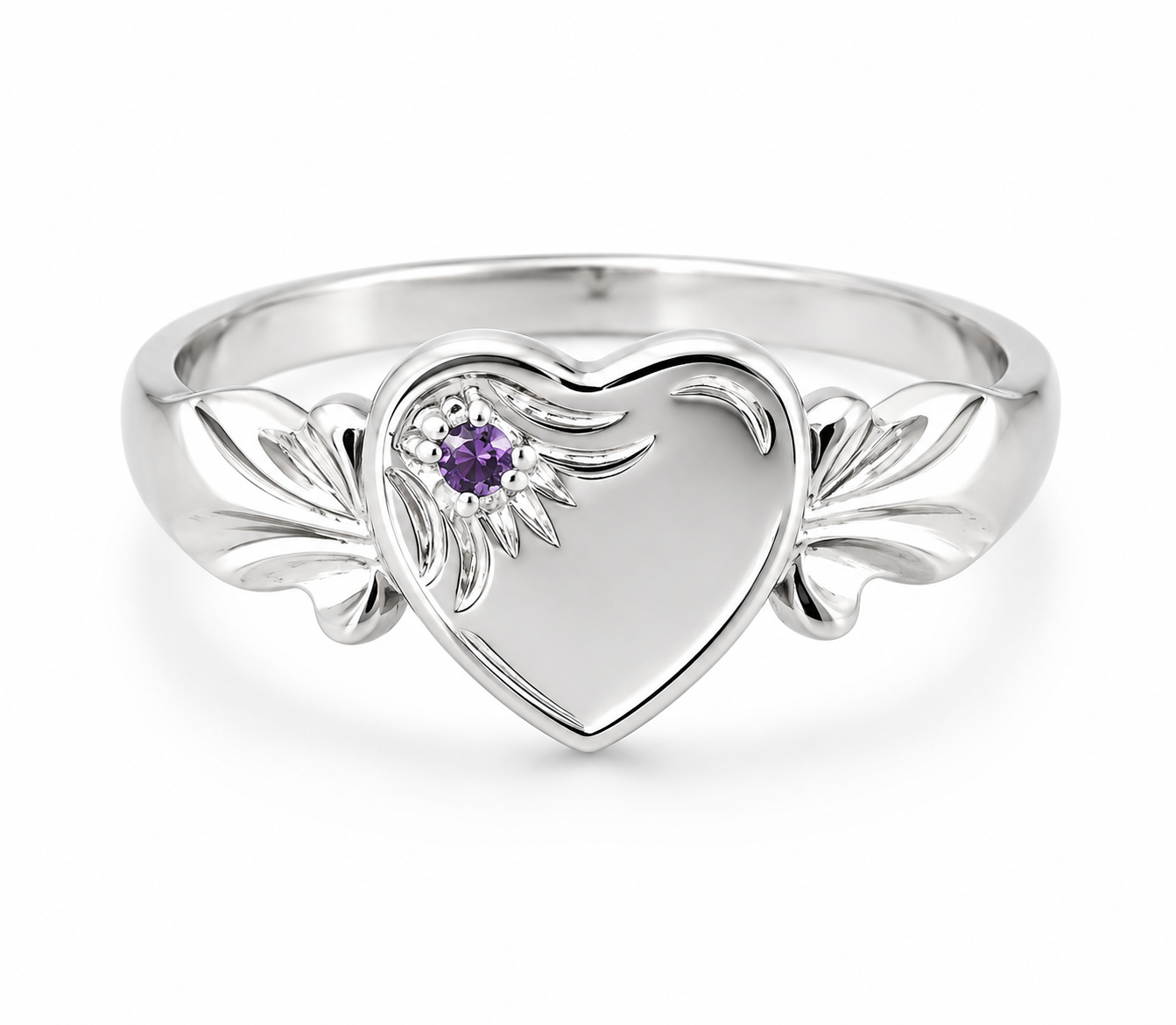 Sterling Silver 925 February Birthstone Heart Signet Ring +  Amethyst CZ