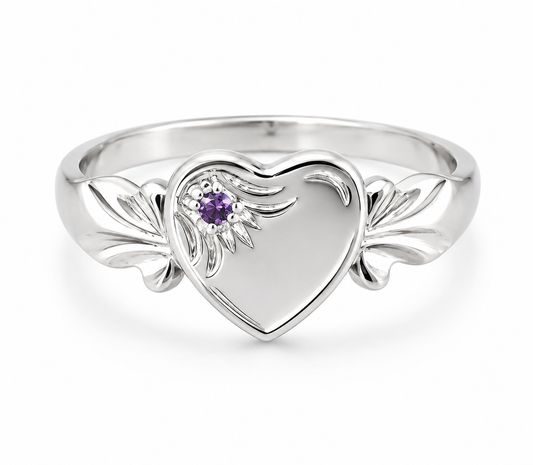 Sterling Silver 925 February Birthstone Heart Signet Ring +  Amethyst CZ