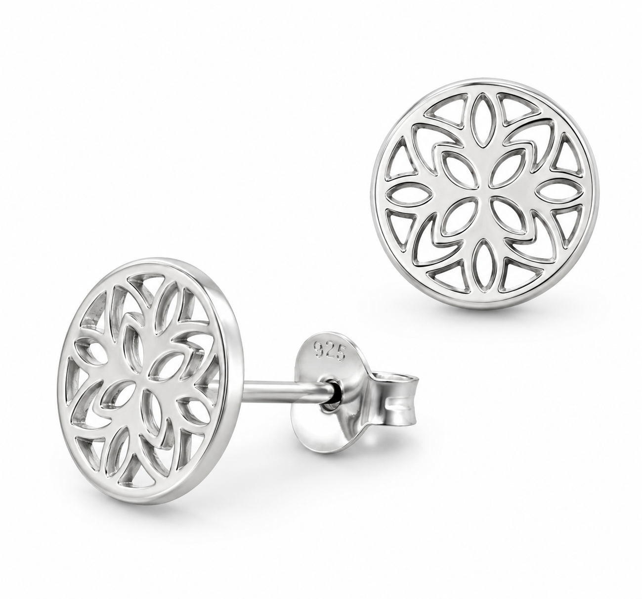Sterling Silver 925 Small Round Cut-Out Flower Studs Earrings