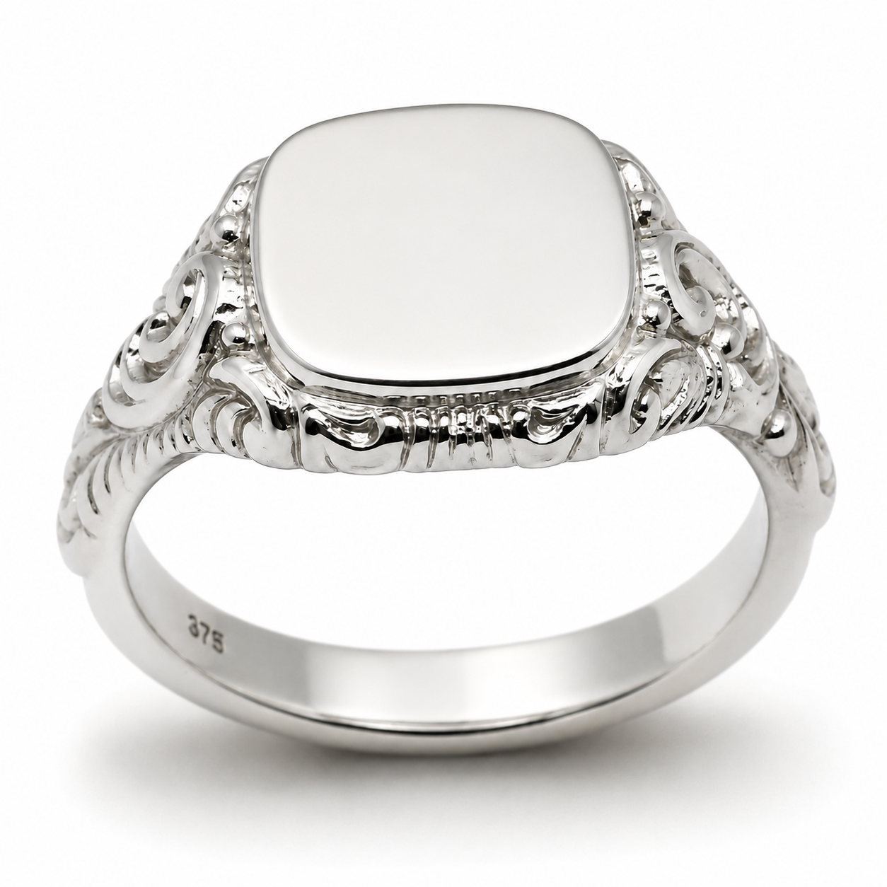 Kaedesigns Solid Genuine 9ct 9kt 375 White Gold Square Engraved Signet Ring 335 - Choose your ring size Q to Z