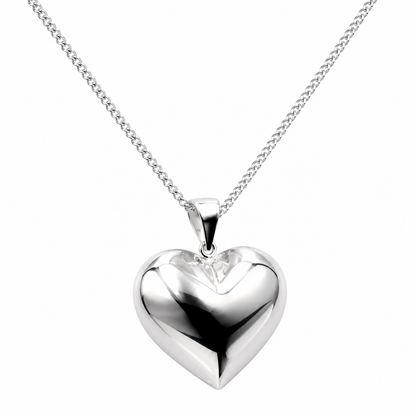 Genuine Sterling Silver 925 Medium Puffy Bubble Heart Pendant + Necklace Chain