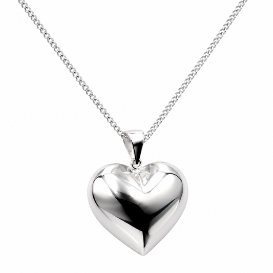 Genuine Sterling Silver 925 Medium Puffy Bubble Heart Pendant + Necklace Chain