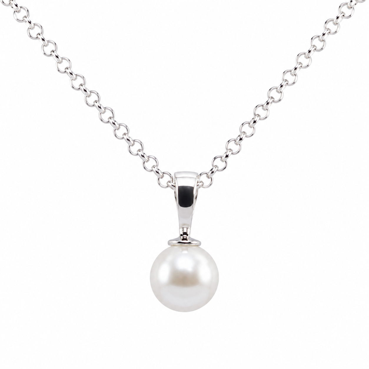 Sterling Silver 925 12mm Button Pearl Ball Pendant + Chain Necklace