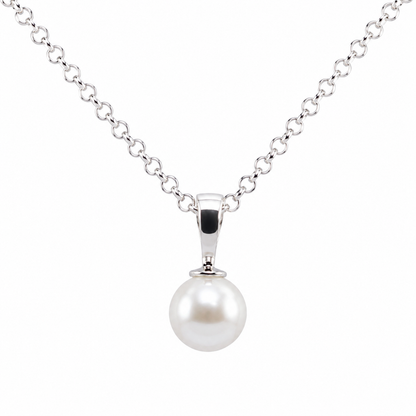Sterling Silver 925 12mm Button Pearl Ball Pendant + Chain Necklace