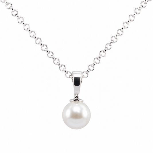 Sterling Silver 925 12mm Button Pearl Ball Pendant + Chain Necklace