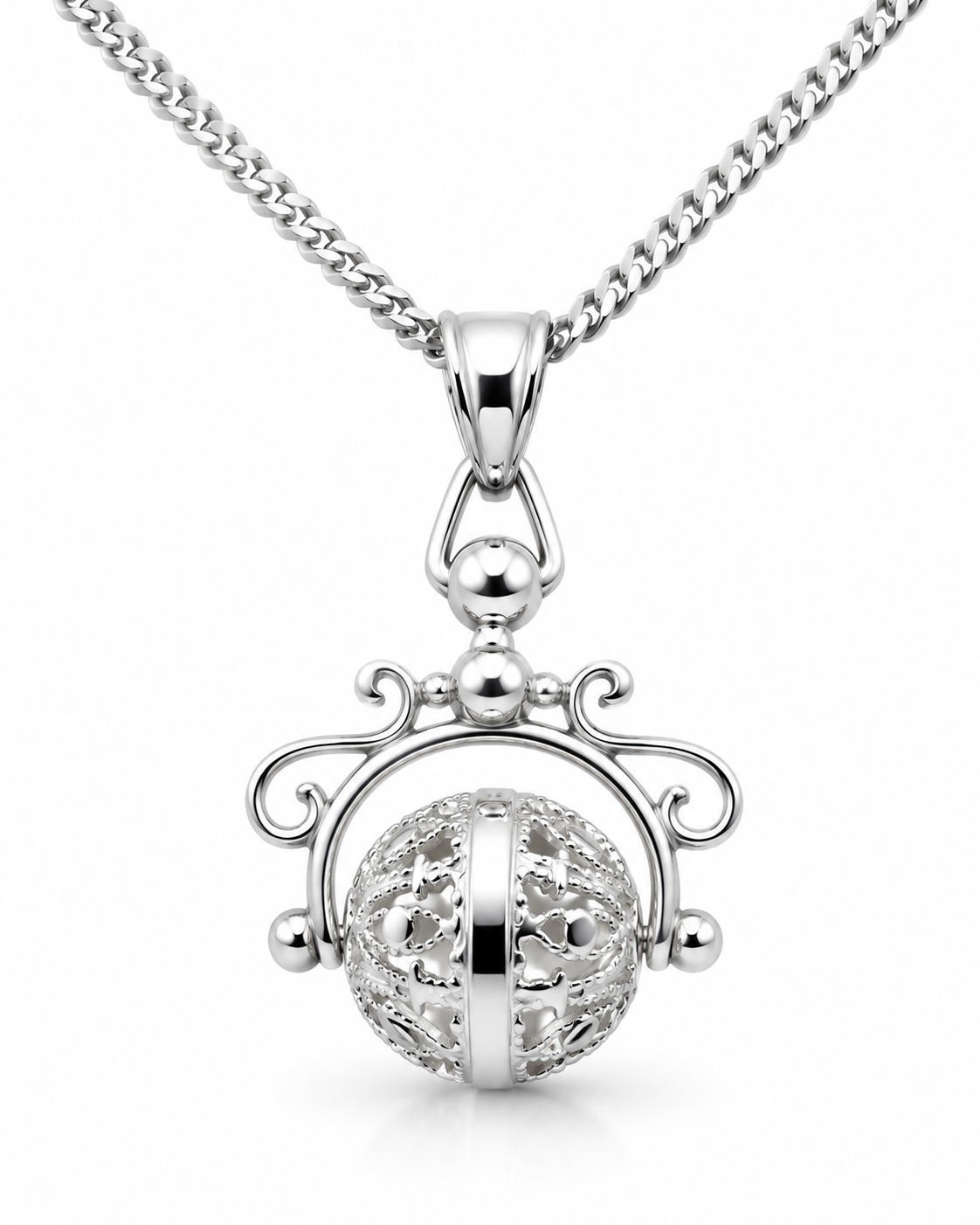 Sterling Silver 925 Spinner Filigree Ball Pendant + 50cm Curb Necklace