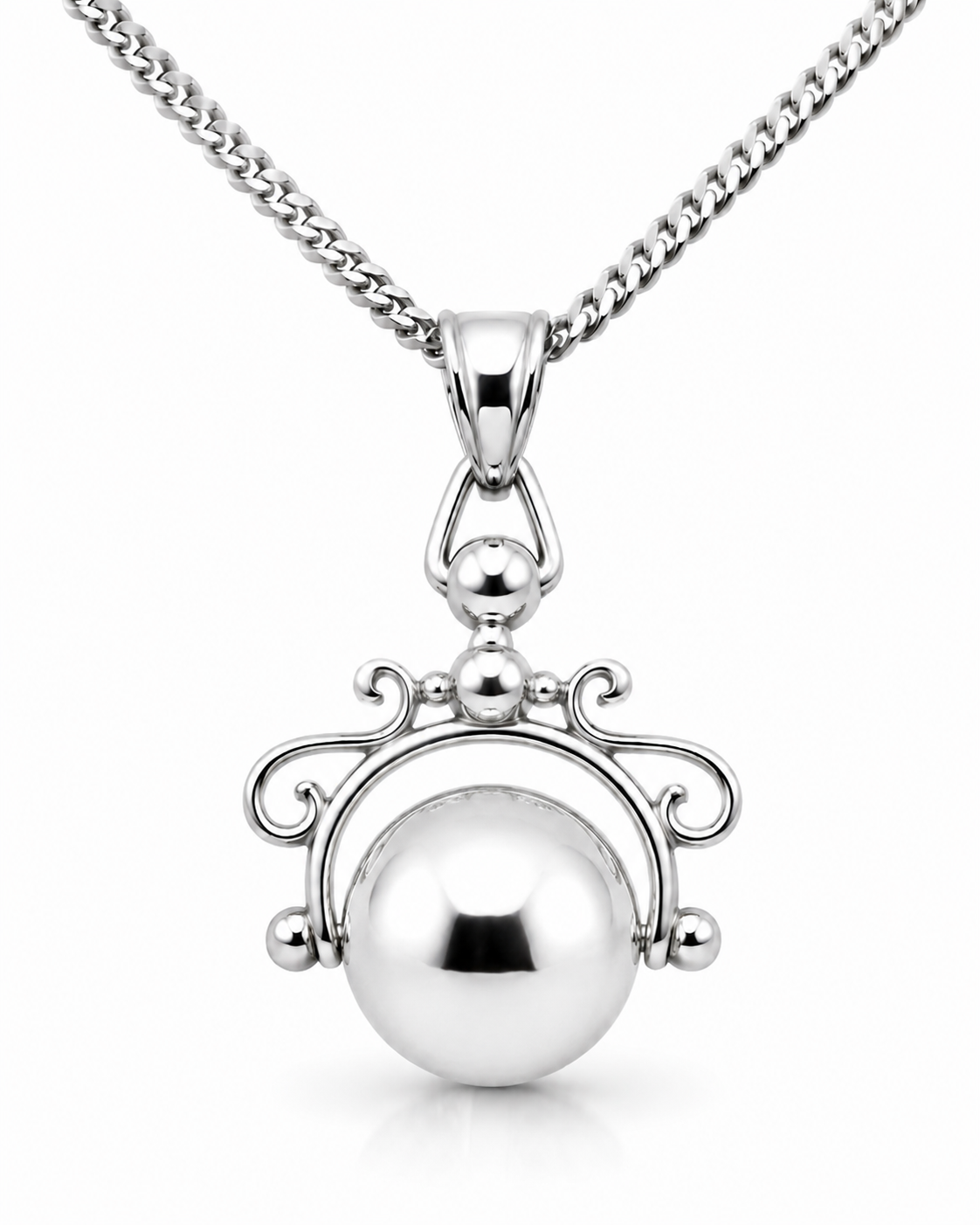 Sterling Silver 925 Spinner Plain Ball Pendant + 50cm Curb Necklace