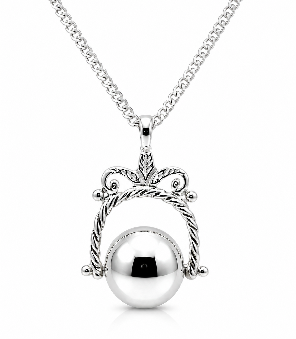 Sterling Silver Spinner Plain Ball Pendant + 55cm Curb Necklace