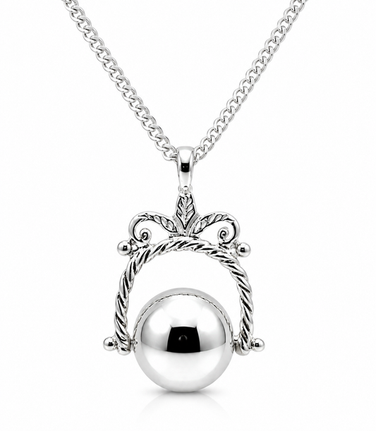 Sterling Silver Spinner Plain Ball Pendant + 55cm Curb Necklace
