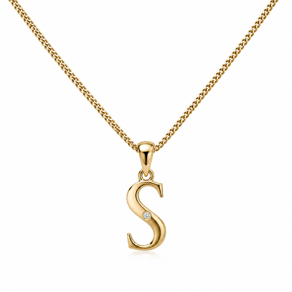 9ct Yellow Gold Diamond Set Block Initial Small Pendant Charm A to Z + Sterling Silver Chain (Gold plated)