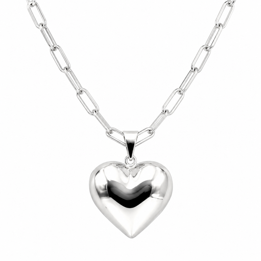 Sterling Silver 925 Paperclip Chain Necklace + Puffy Heart Pendant