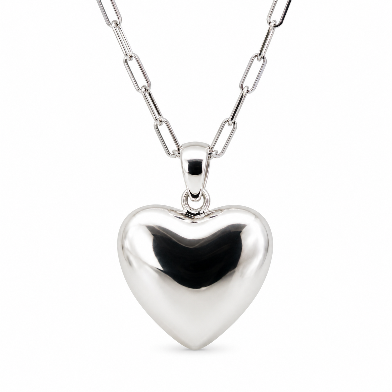 Sterling Silver 925 Paperclip Necklace + Large Puffy Heart Pendant