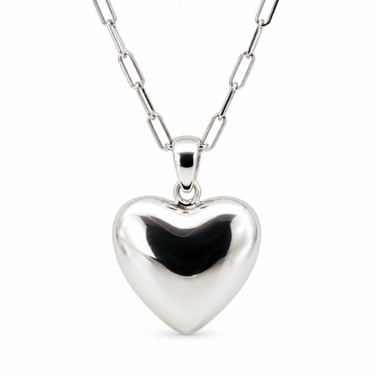 Sterling Silver 925 Paperclip Necklace + Large Puffy Heart Pendant