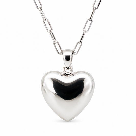 Sterling Silver 925 Paperclip Necklace + Large Puffy Heart Pendant