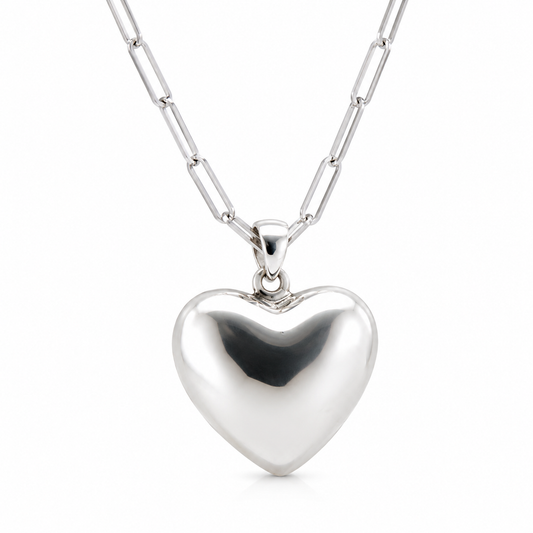 Sterling Silver 925 Paperclip Necklace + Medium Puffy Heart Pendant