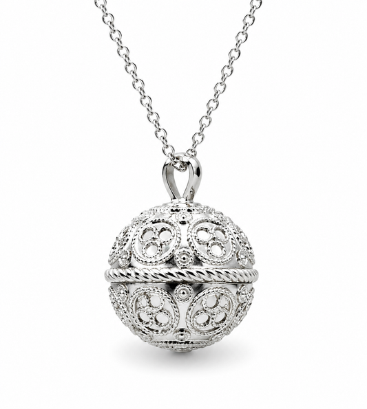 Genuine Sterling Silver 925 Lace Pattern Ball Memorial Pendant with Screw Opening Bail + Necklace