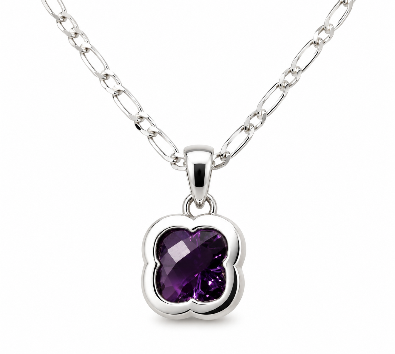 Sterling Silver 925 Clover Amethyst Pendant & 45cm Chain Necklace