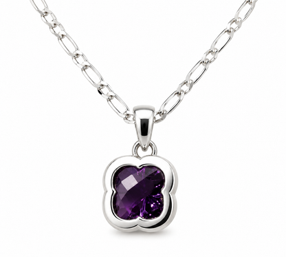 Sterling Silver 925 Clover Amethyst Pendant & 45cm Chain Necklace