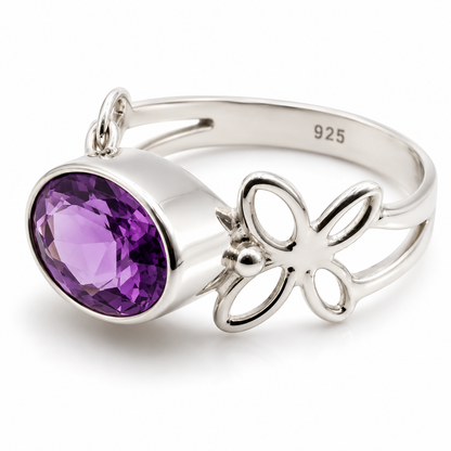 Size L or T Sterling Silver 925 Purple Oval Bezel Amethyst Butterfly Ring