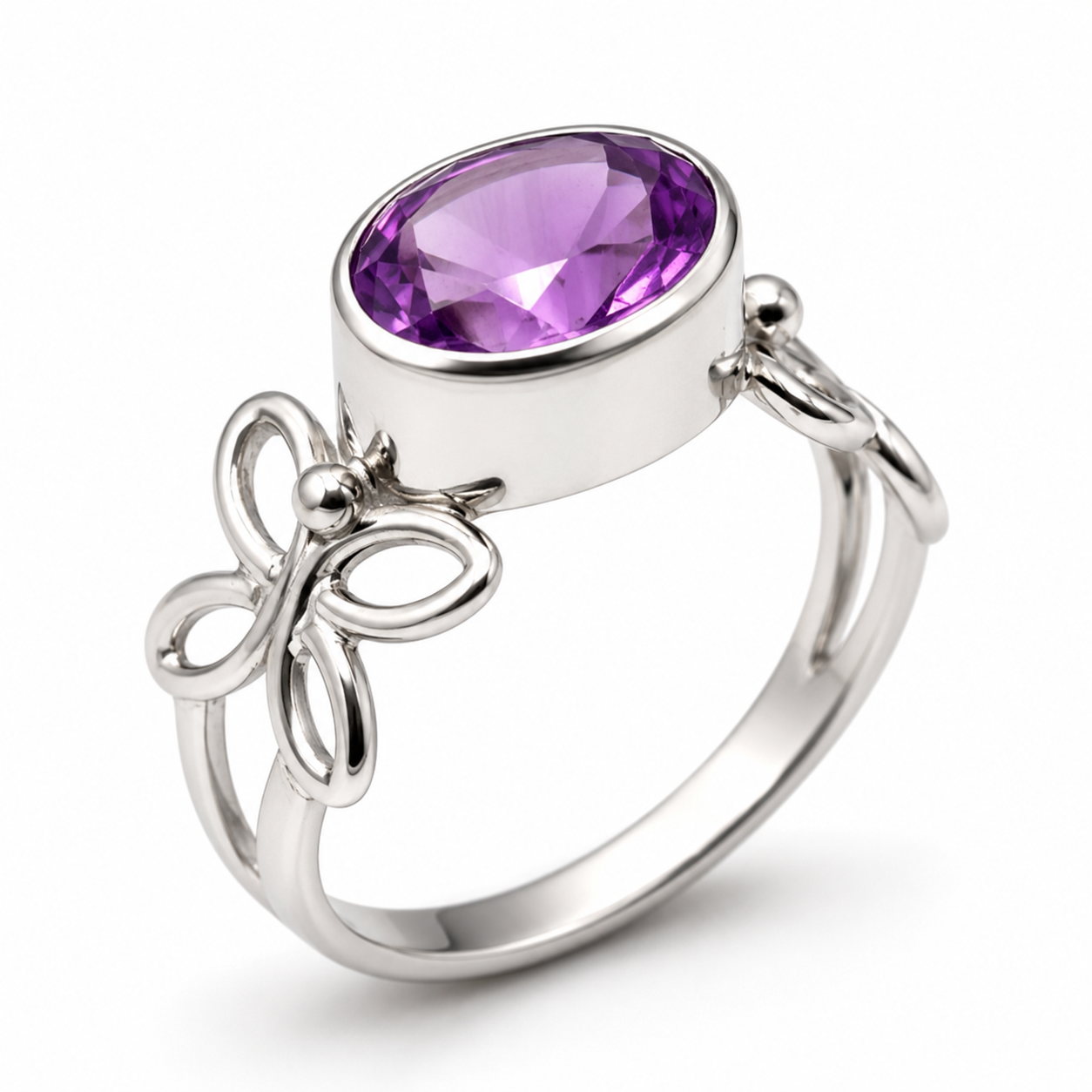 Size L or T Sterling Silver 925 Purple Oval Bezel Amethyst Butterfly Ring