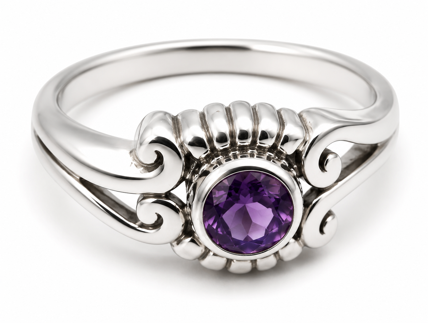 Size L Sterling Silver 925 Purple Round Bezel Amethyst Ring
