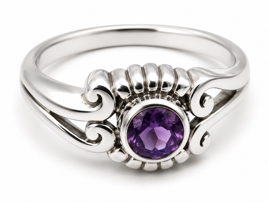 Size L Sterling Silver 925 Purple Round Bezel Amethyst Ring