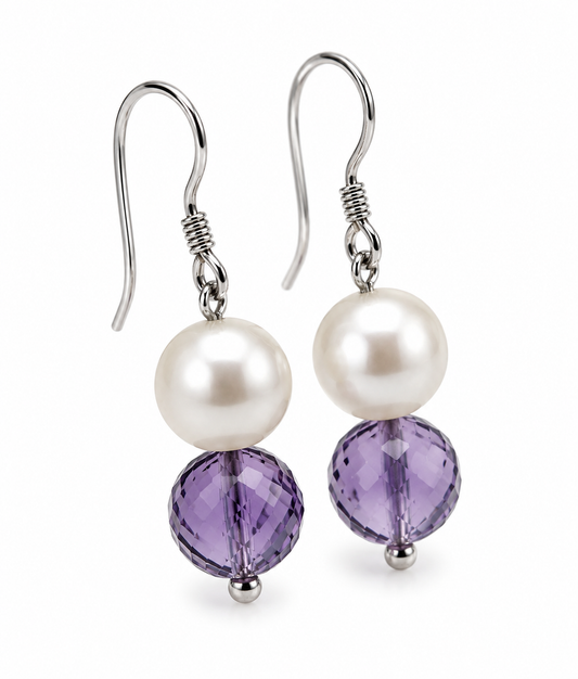 Sterling Silver 925 Freshwater White Pearl + Amethyst Ball Earrings