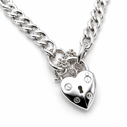 Sterling Silver 925 Round Curb Heart Screw Padlock Bracelet 19cm or 21cm 7mm wide