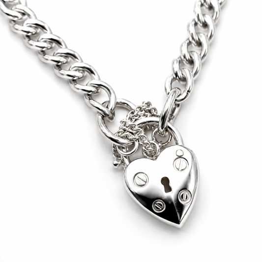 Sterling Silver 925 Round Curb Heart Screw Padlock Bracelet 19cm or 21cm 7mm wide