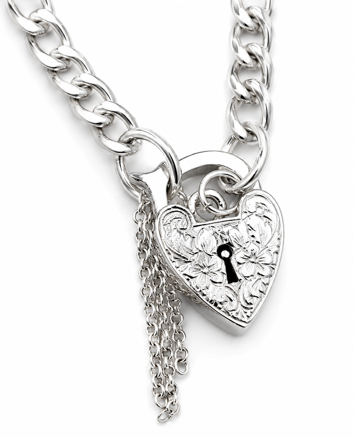 Genuine 925 Sterling Silver Curb Link Heart Padlock 20cm Bracelet