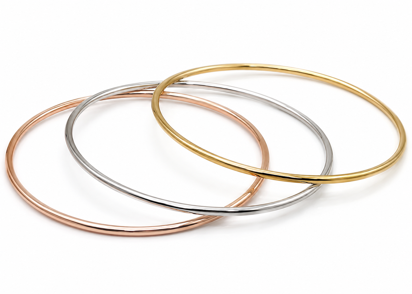 Set of 3, Genuine 9ct 9kt 375 Yellow, Rose & White Gold Thin 1.3mm GOLF Bangles 65mm