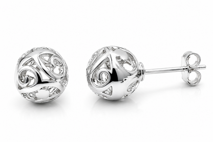 Genuine Sterling Silver 925 Full Ball 8mm Filigree Ball Studs Earrings