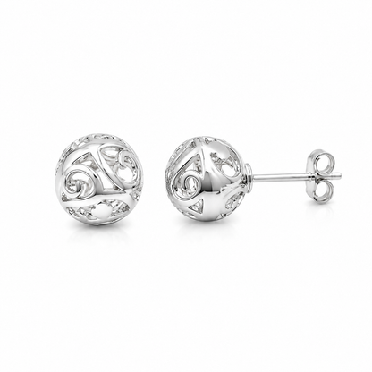 Genuine Sterling Silver 925 Full Ball 8mm Filigree Ball Studs Earrings