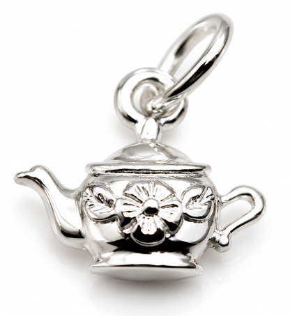 Sterling Silver 925 Teapot Flower Tea Pot Charm Pendant