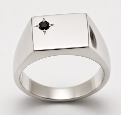 Solid Sterling Silver 925 Black Sapphire Square Signet Ring - Choose your size Q to Z