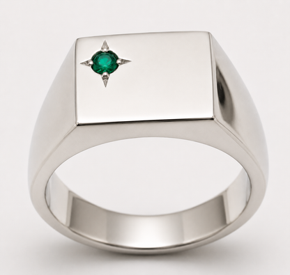 Solid Sterling Silver 925 Green Emerald Square Signet Ring - Choose your size Q to Z