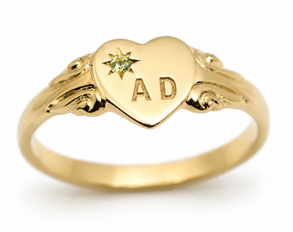 August Birthstone 9ct 9k 375 Yellow, Rose or White Gold 375 Green Peridot Stone Heart Signet Ring + Engraving - Choose your size H to P