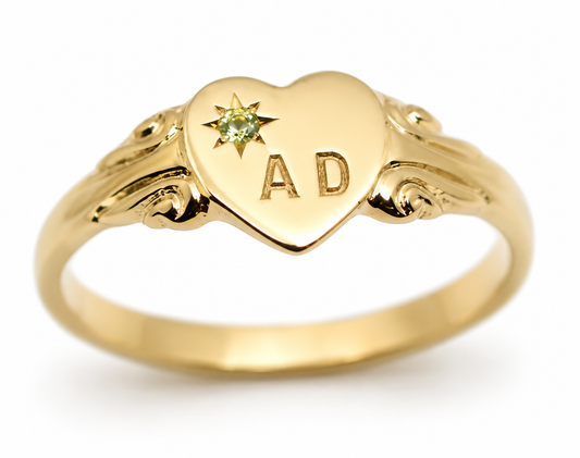 August Birthstone 9ct 9k 375 Yellow, Rose or White Gold 375 Green Peridot Stone Heart Signet Ring + Engraving - Choose your size H to P